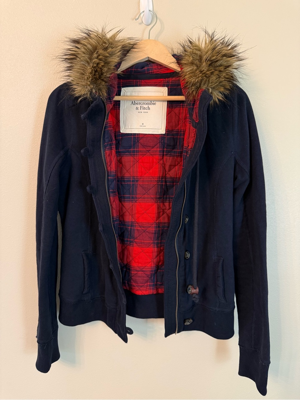 Vintage Y2K Abercrombie & Fitch Faux Fur Plaid Lined Toggle Jacket M